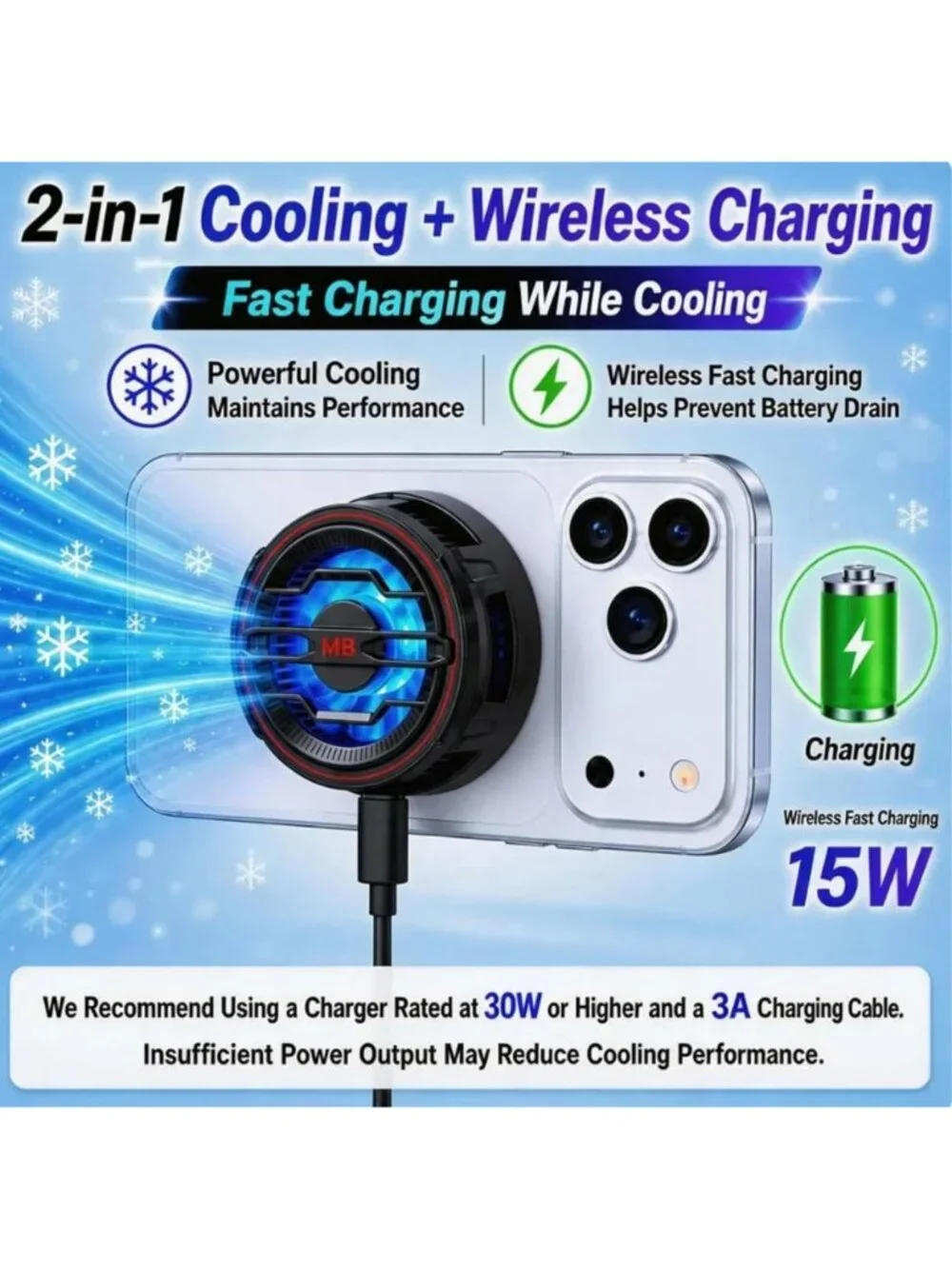 Magnetic Phone Cooler & 15W Fast Wireless Charger with RGB LED Light